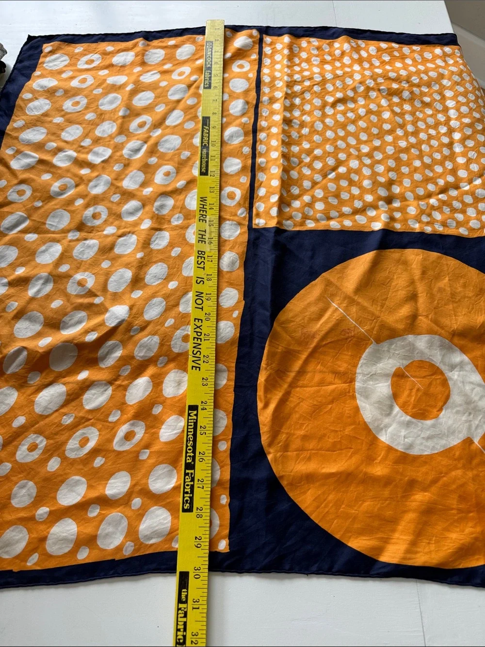 Vintage Christian Dior Orange White Navy Blue Polka Dot Silk Scarf 30” Sq
